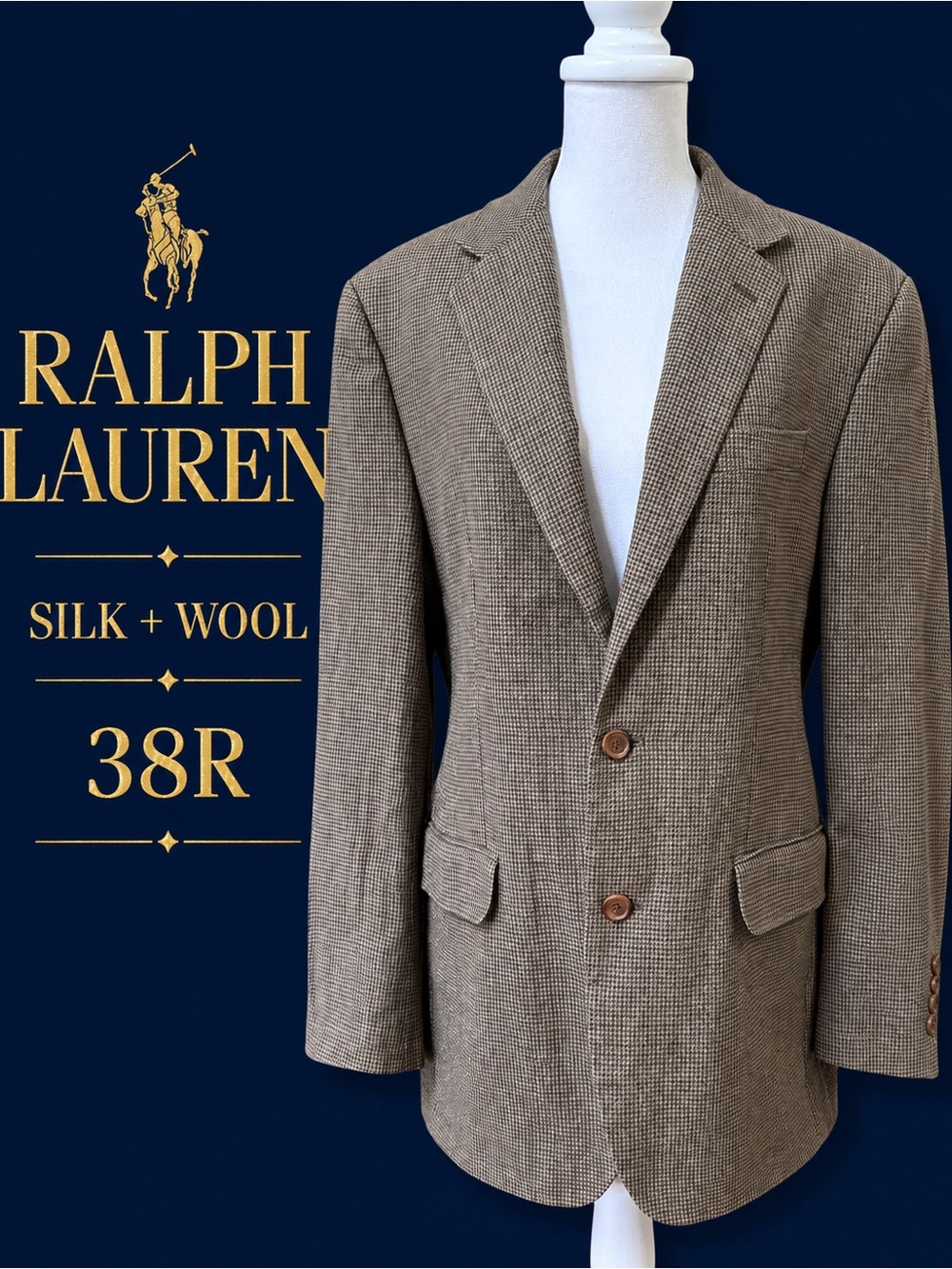 Ralph Lauren Silk Wool Sport Coat Blazer Brown Houndstooth Men’s 38R